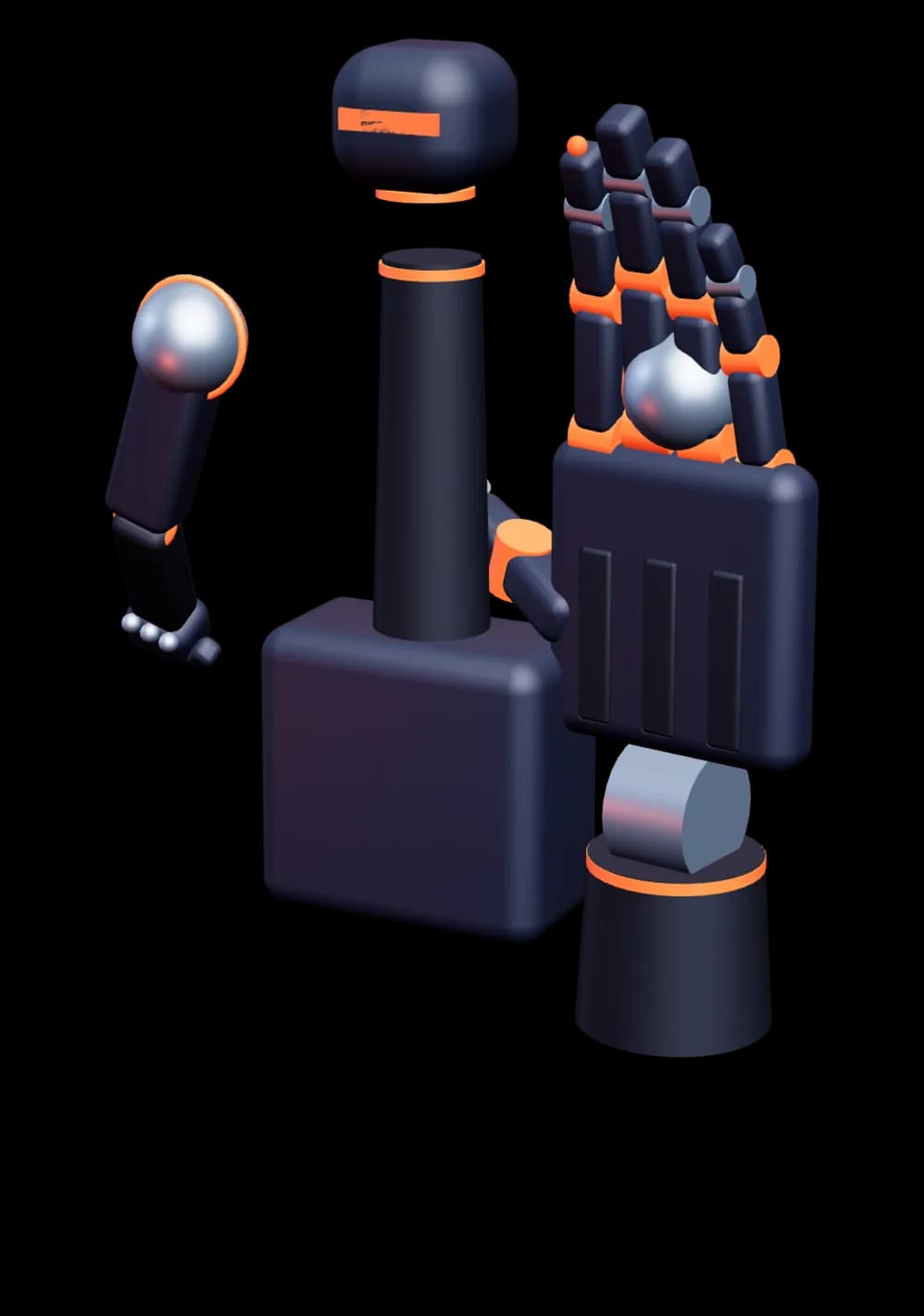 Antropomorf robothand i mörk matt polymer med borstade metalleder och orangea ledringar, handflatan vänd mot betraktaren.