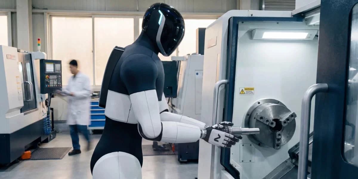 En humanoid robot hanterar ett arbetsstycke i en CNC-maskin i en tillverkningsmiljö.