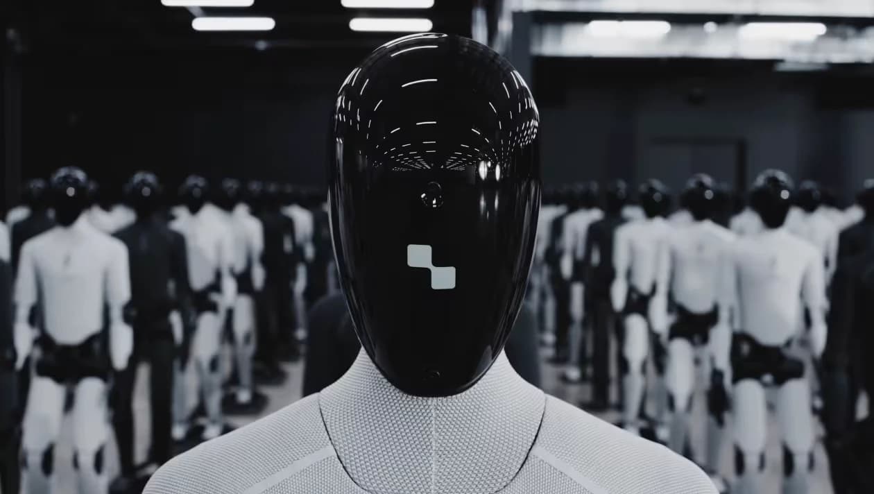 Ett svart, blankt robothuvud i närbild, med rader av identiska robotar suddiga i bakgrunden.
